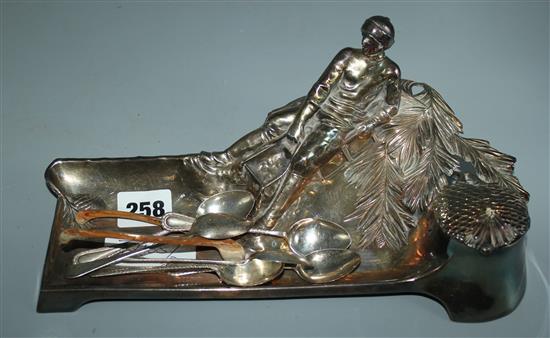 Pair silver sugar nips, 6 silver coffee spoons, plated inkstand